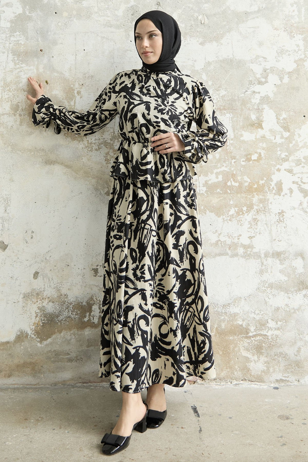 MDS Women Sleeve Tied Patterned Skirt Suit - Black - Beveren
