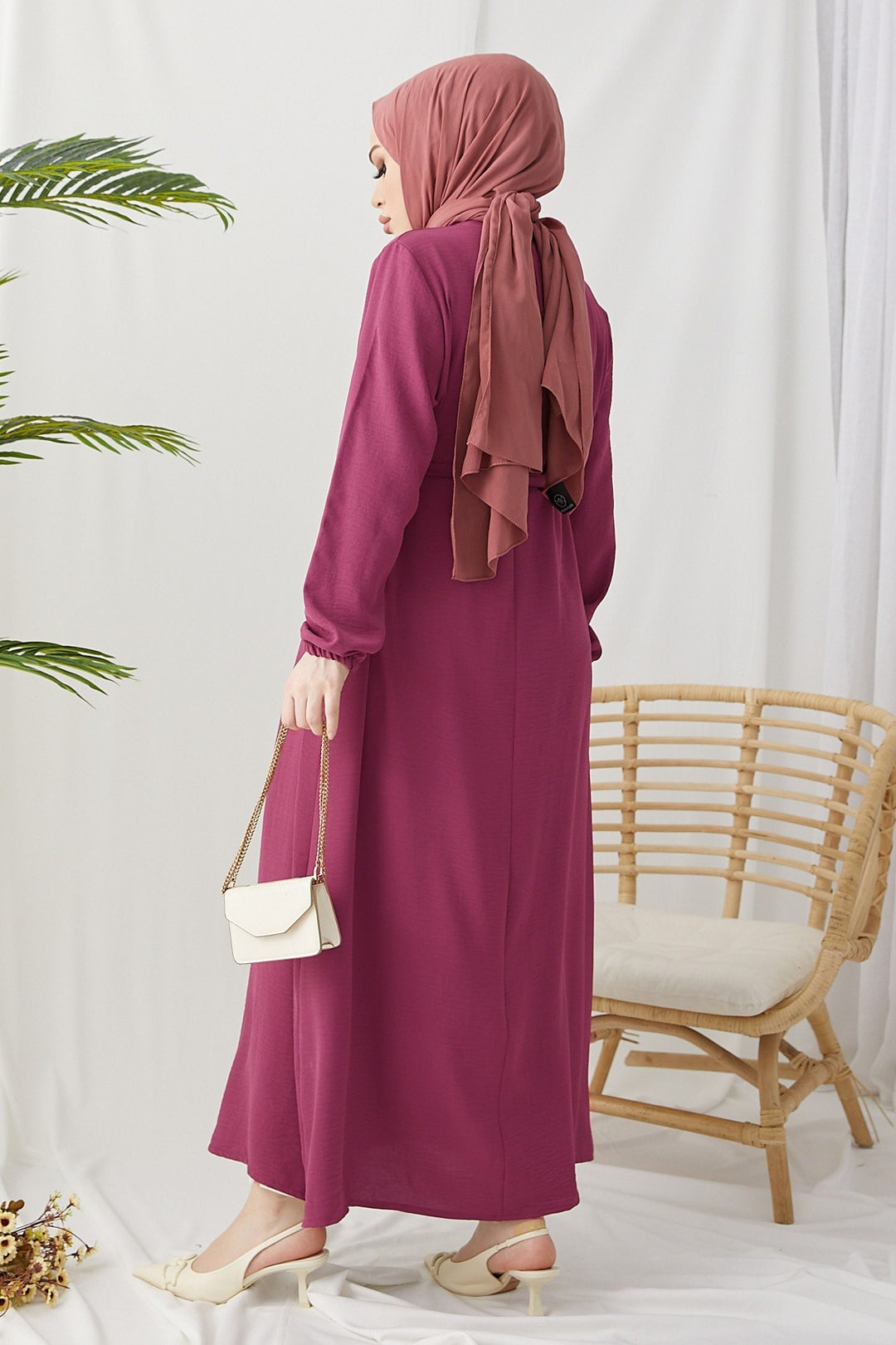 MDS Women Mosa Pearl Detailed Zippered Abaya - Rose Pink - Webster