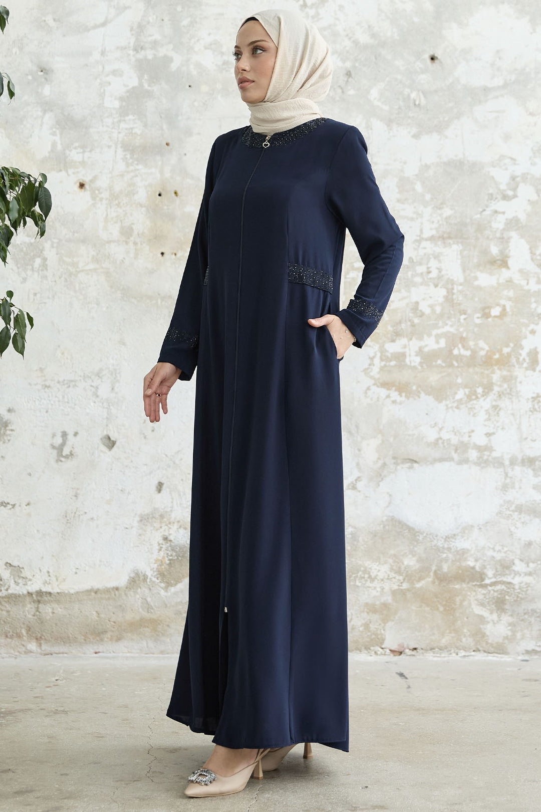 MDS Women Stone-embellished Abaya with Collar and Sleeves - Navy Blue - Herriman