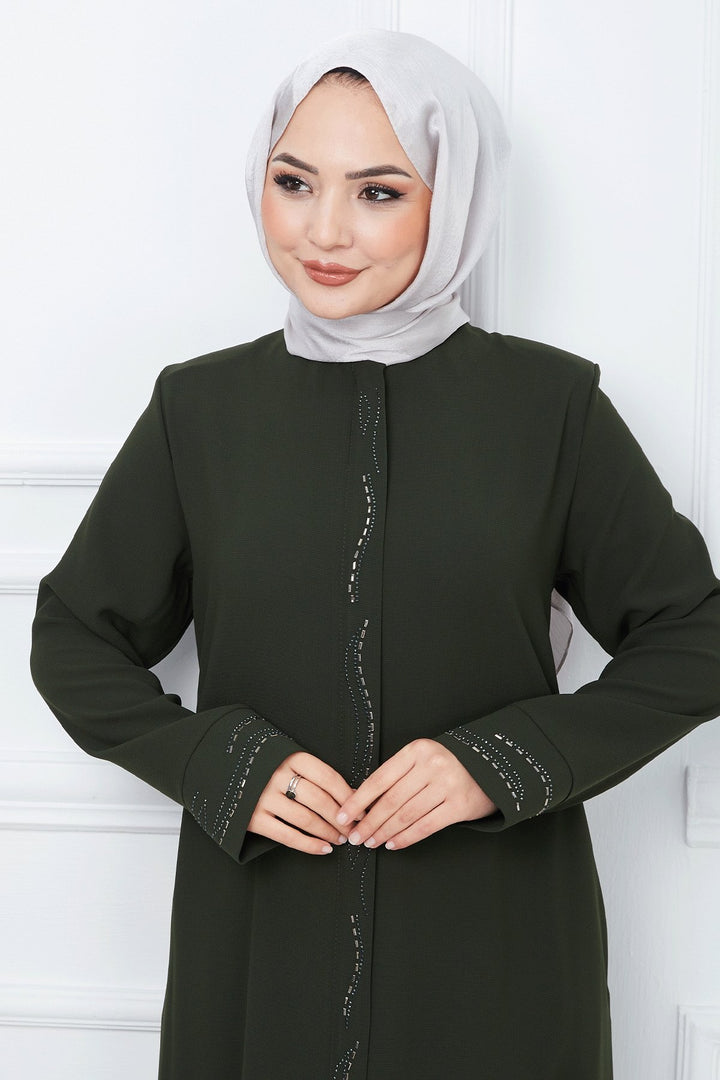 MDS Women Scattered Stone Honeycomb Abaya - Khaki - Detroit
