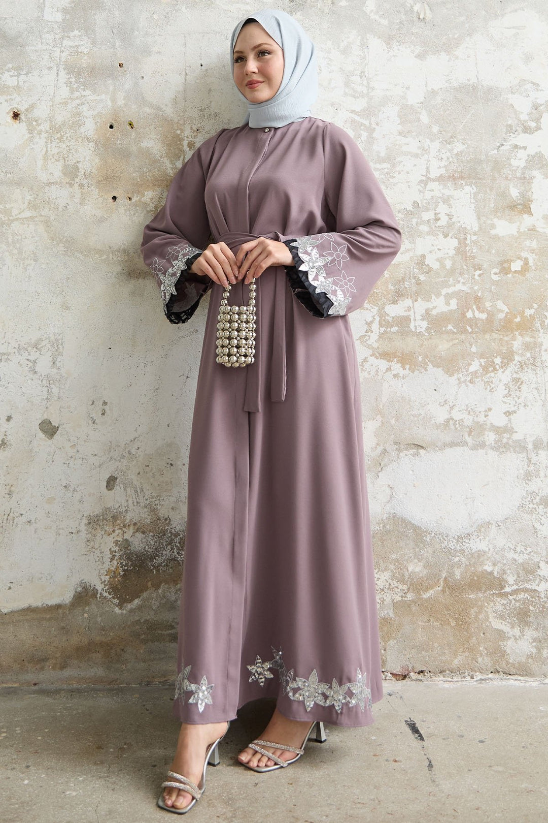 MDS Women Flower Stamp Detail Soft Lilac Abaya - Moers