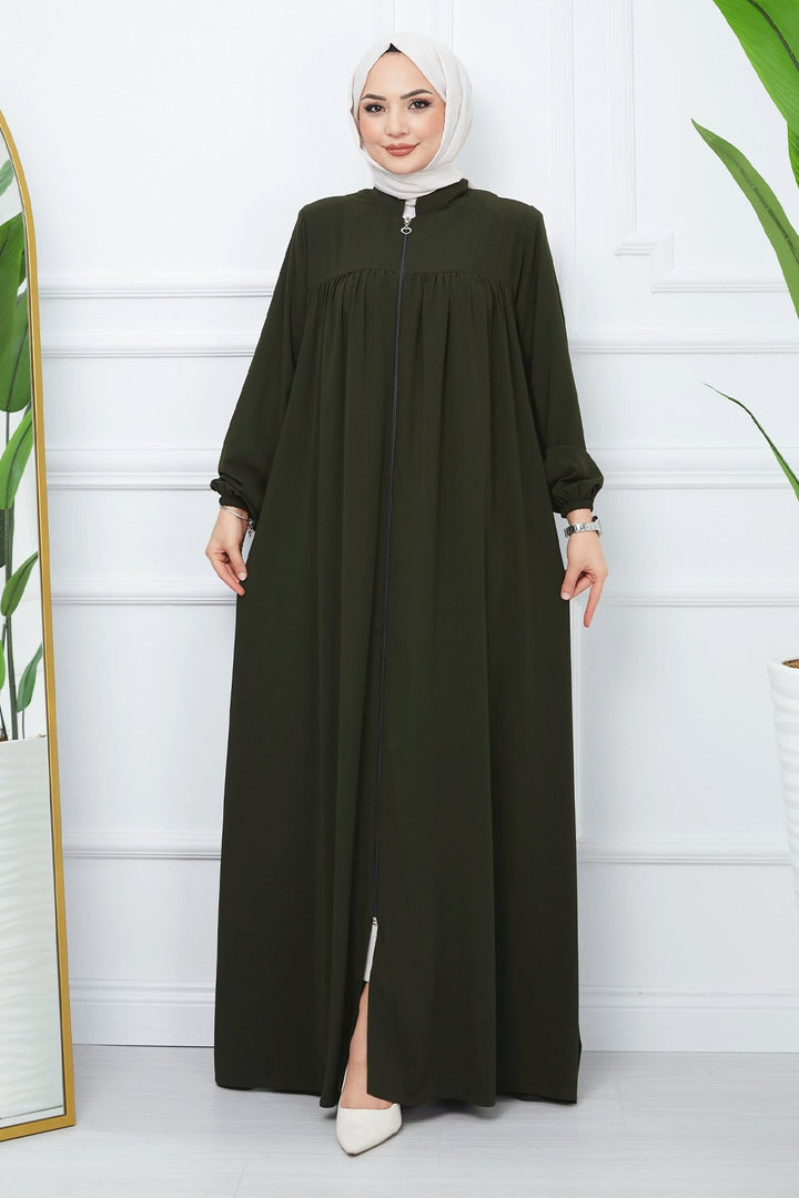 MDS Women Pleated Medina Silk Abaya - Khaki - Huelva