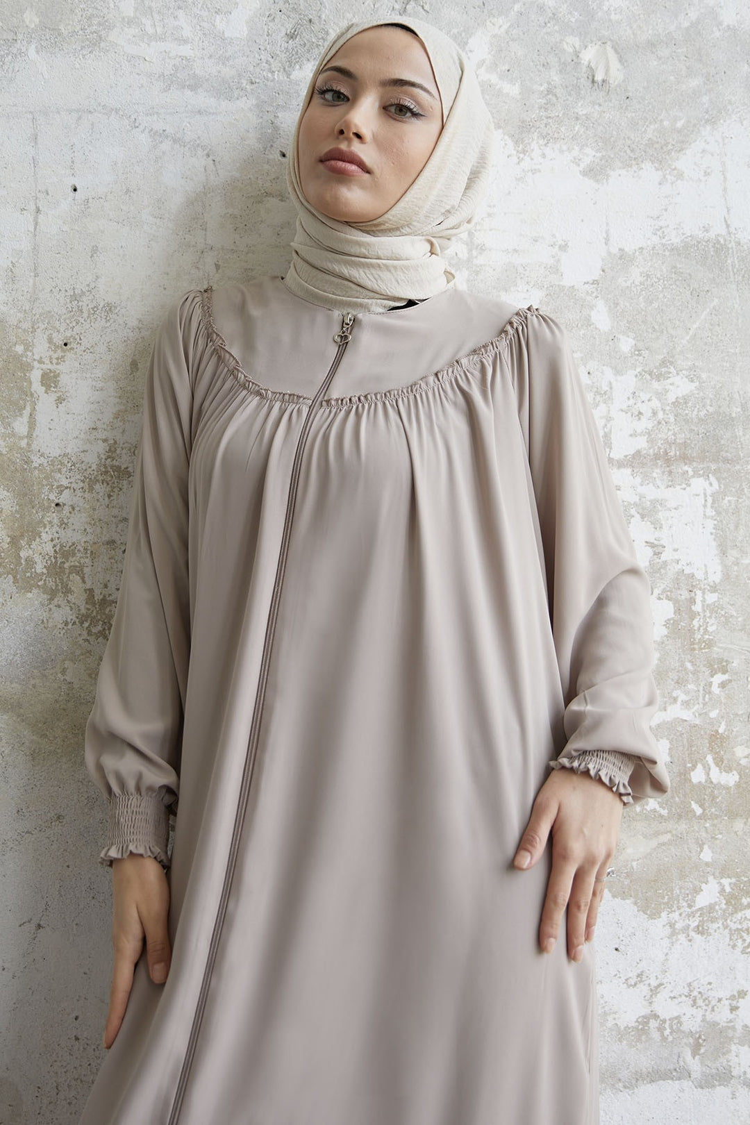 MDS Women Sleeve Tip Ruffled Abaya - Beige - Colima
