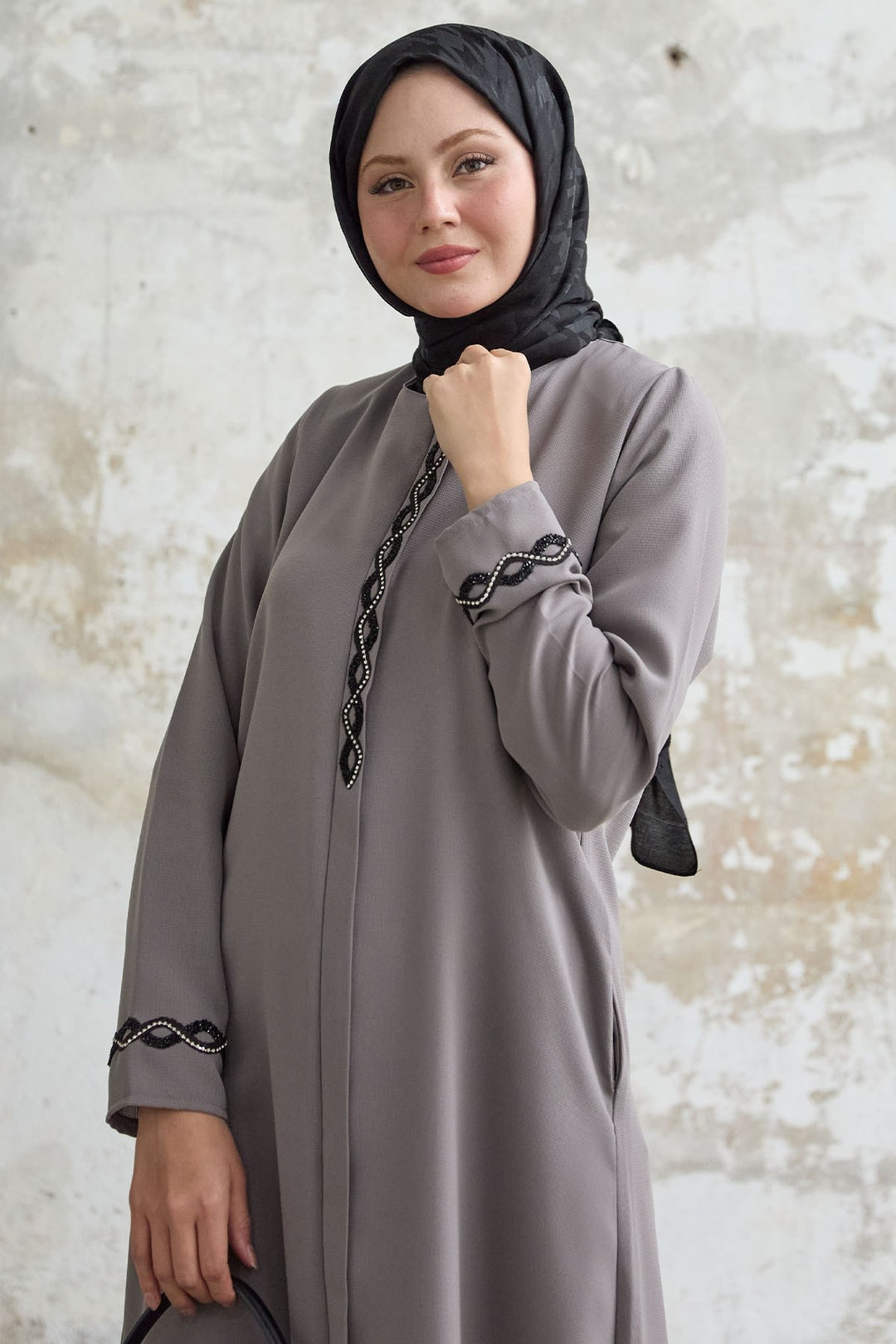 MDS Women Spiral Stone Detailed Honeycomb Mink Abaya - Silver Spring
