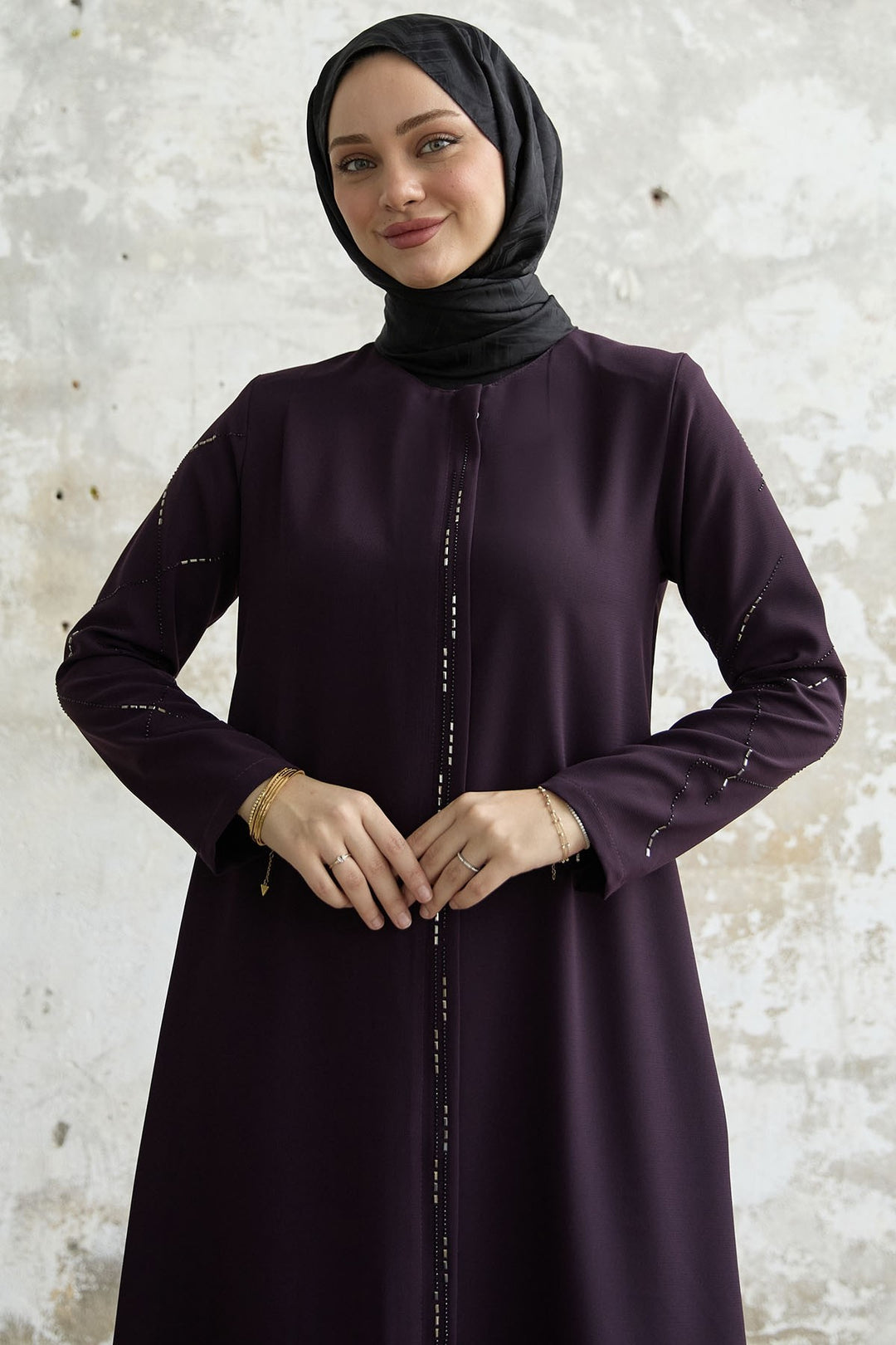 MDS Women Sequined Stone Embroidered Abaya - Purple - Marseille