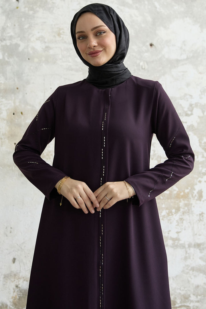 MDS Women Sequined Stone Embroidered Abaya - Purple - Marseille