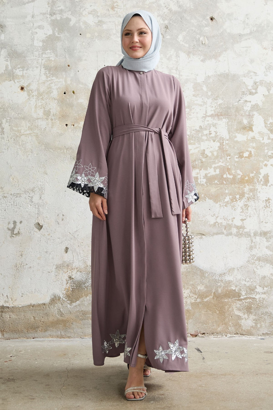MDS Women Flower Stamp Detail Soft Lilac Abaya - Moers