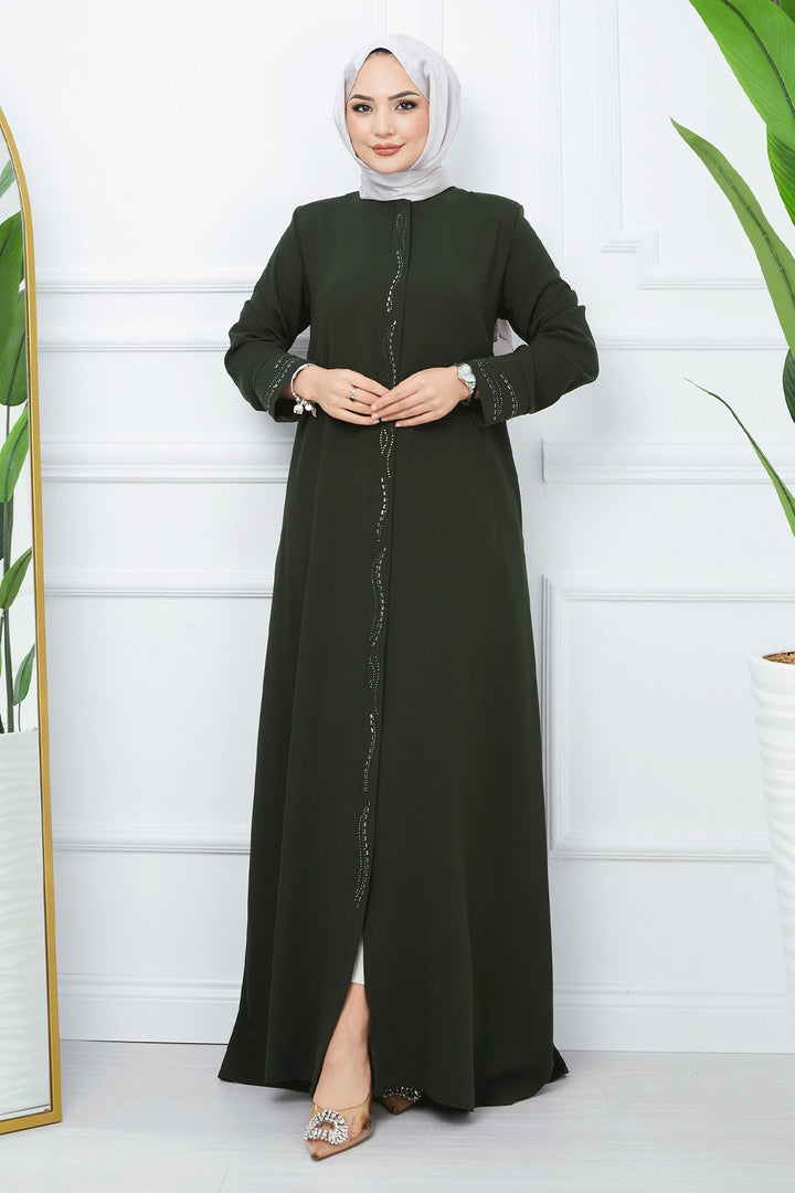 MDS Women Scattered Stone Honeycomb Abaya - Khaki - Detroit