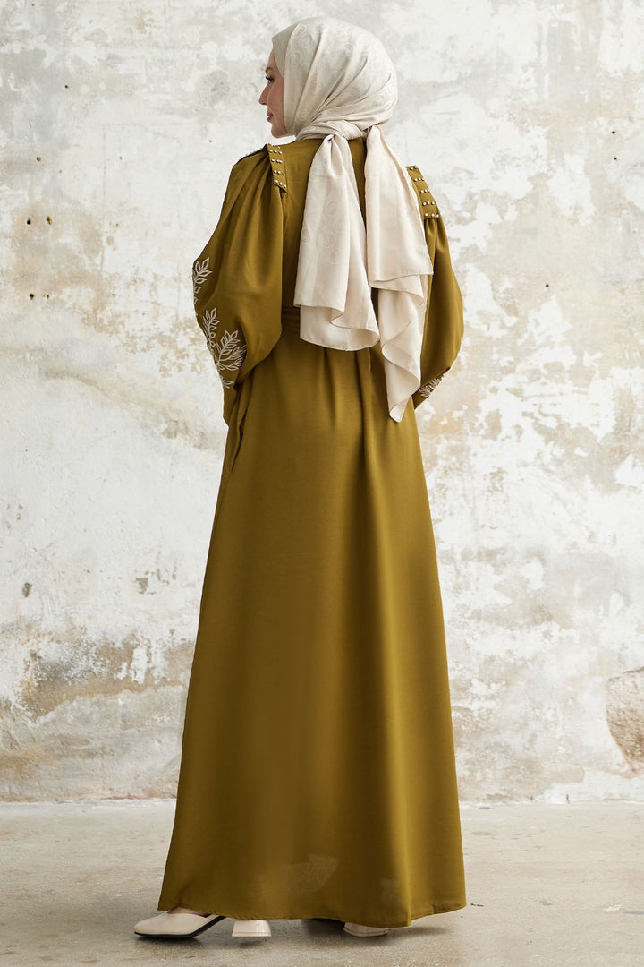 MDS Women Olive Green Abaya with Stone Embroidery on the Shoulder - Aguadilla