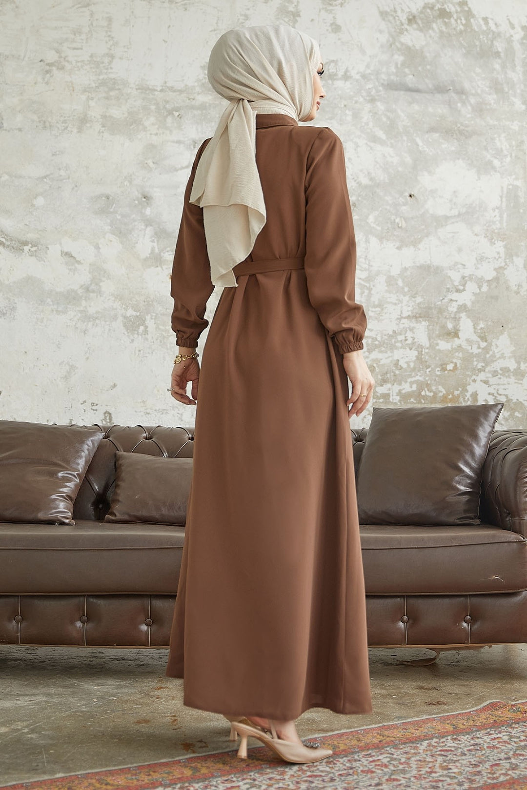MDS Women Linny Buttoned Shirt Collar Abaya - Brown - Sfântu-Gheorghe