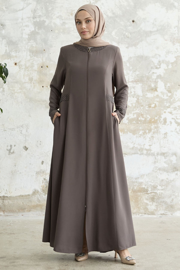 MDS Women Stone-embellished Abaya with Collar and Sleeves - Coffee - Penafiel