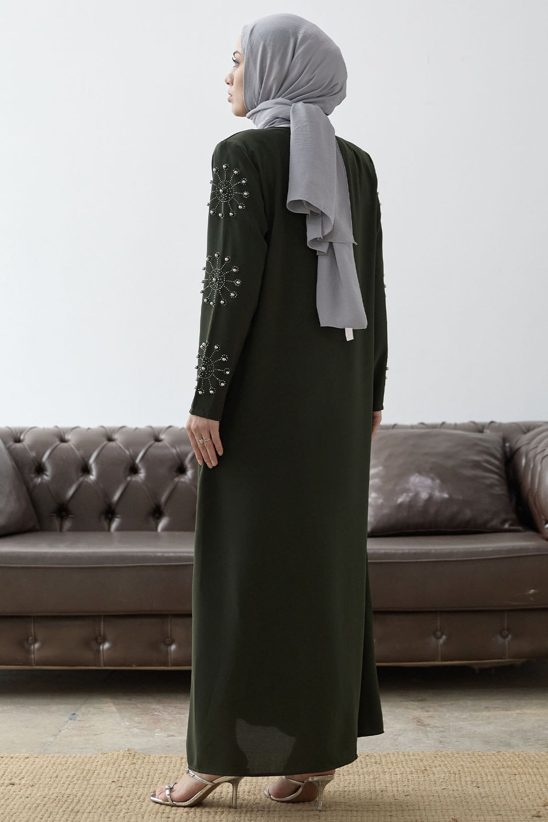 MDS Women Sleeves Pearl Stone Detail Abaya - Khaki - Coatzacoalcos