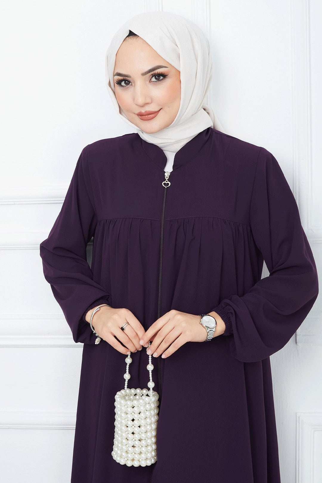 MDS Women Pleated Medina Silk Abaya - Purple - El Dorado