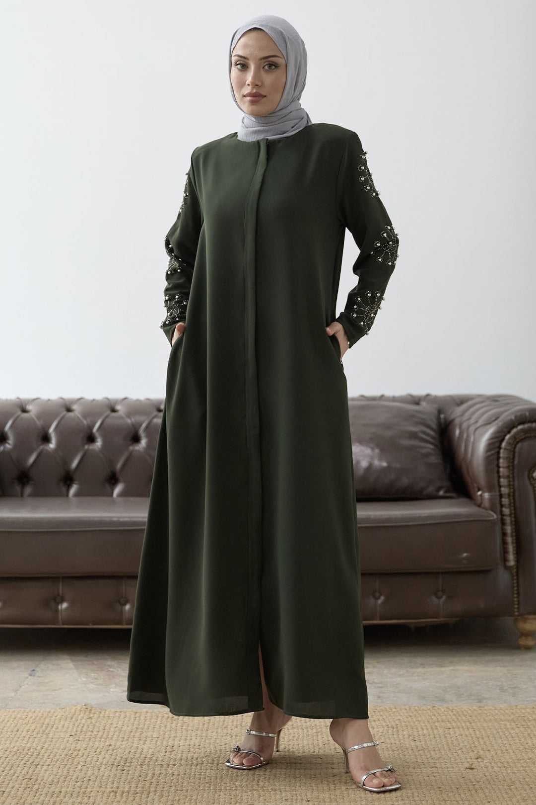 MDS Women Sleeves Pearl Stone Detail Abaya - Khaki - Coatzacoalcos
