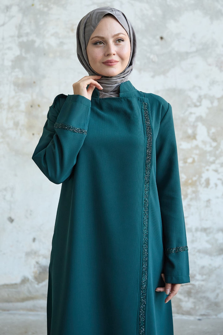 MDS Women Stone-embellished Petrol Abaya with Collar and Front Scarf - Plainfield