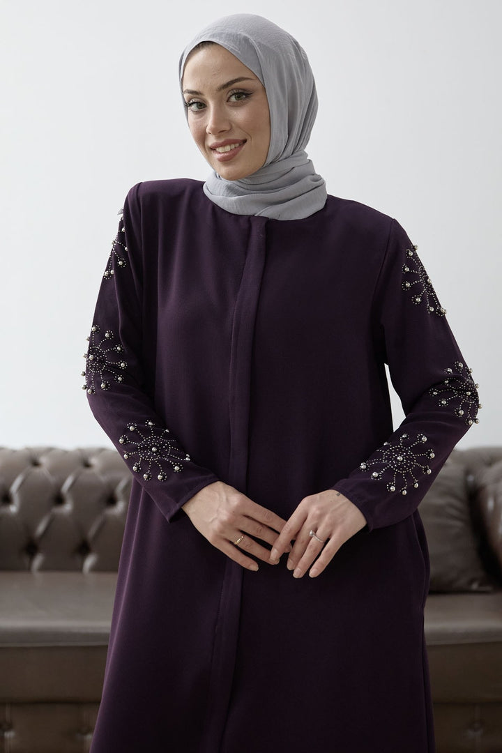 MDS Women Sleeves Pearl Stone Detail Abaya - Purple - Elgin