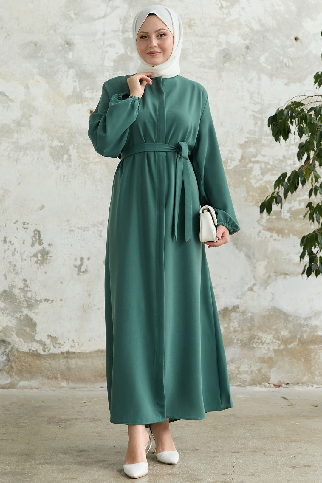 MDS Women Belted Honeycomb Fabric Green Abaya - Veghel