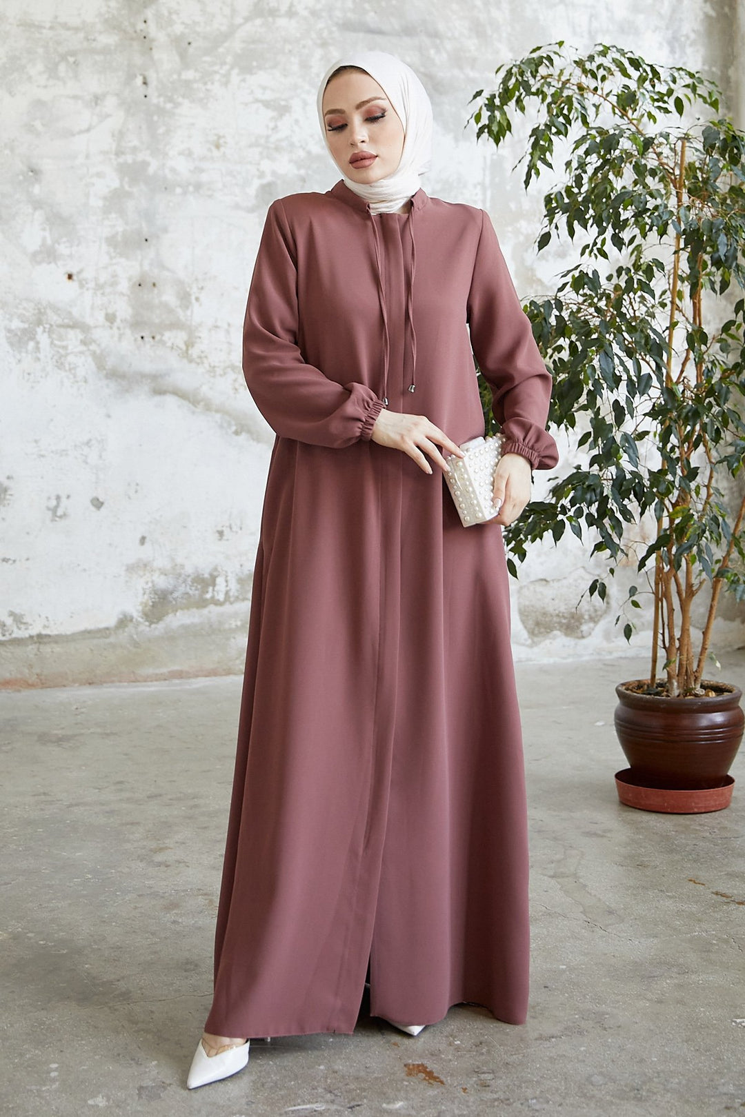 MDS Women Tied Lace Hidden Snap Abaya - Rose Pink - Remscheid