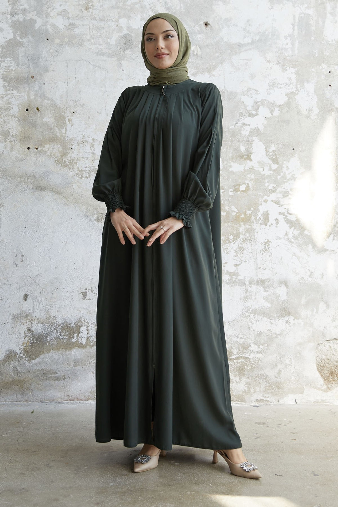 MDS Women Pleated Detail Ruched Abaya - Khaki - Wrecsam