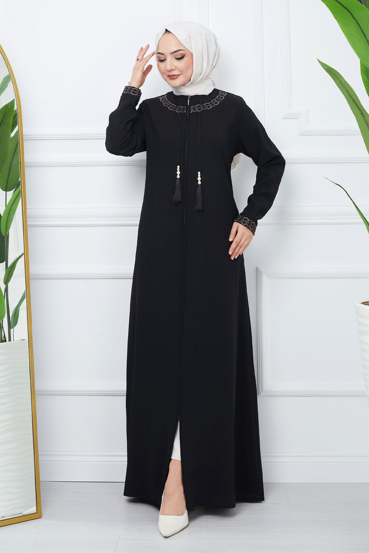 MDS Women Embroidered Pattern Honeycomb Fabric Abaya - Black - South Whittier