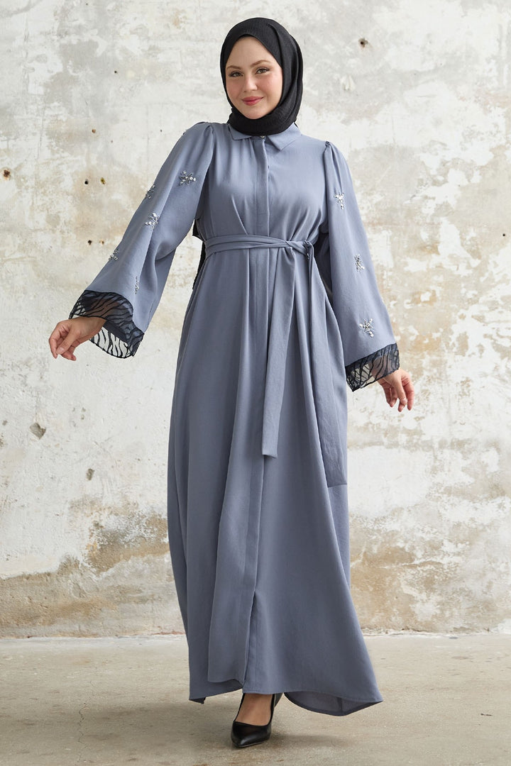 MDS Women Tulle Detail Sequined Gray Abaya - Köniz