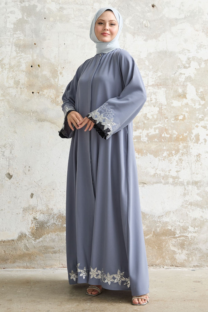 MDS Women Flower Stamp Detail Gray Abaya - Ensenada