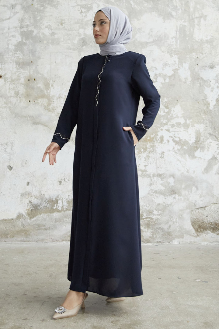 MDS Women Spiral Stone Detailed Honeycomb Abaya - Navy Blue - Springfield