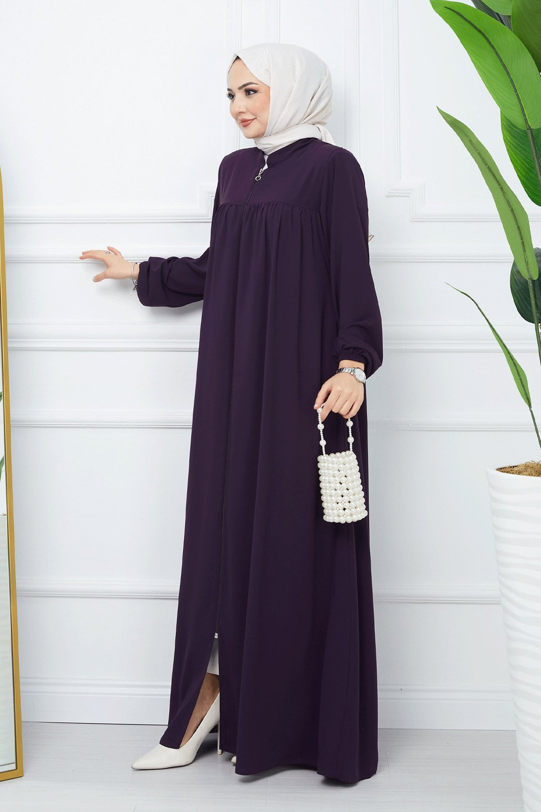 MDS Women Pleated Medina Silk Abaya - Purple - El Dorado