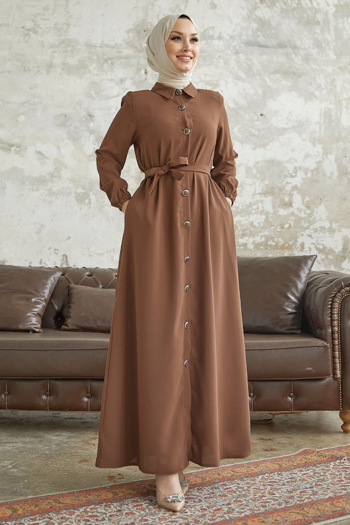 MDS Women Linny Buttoned Shirt Collar Abaya - Brown - Sfântu-Gheorghe