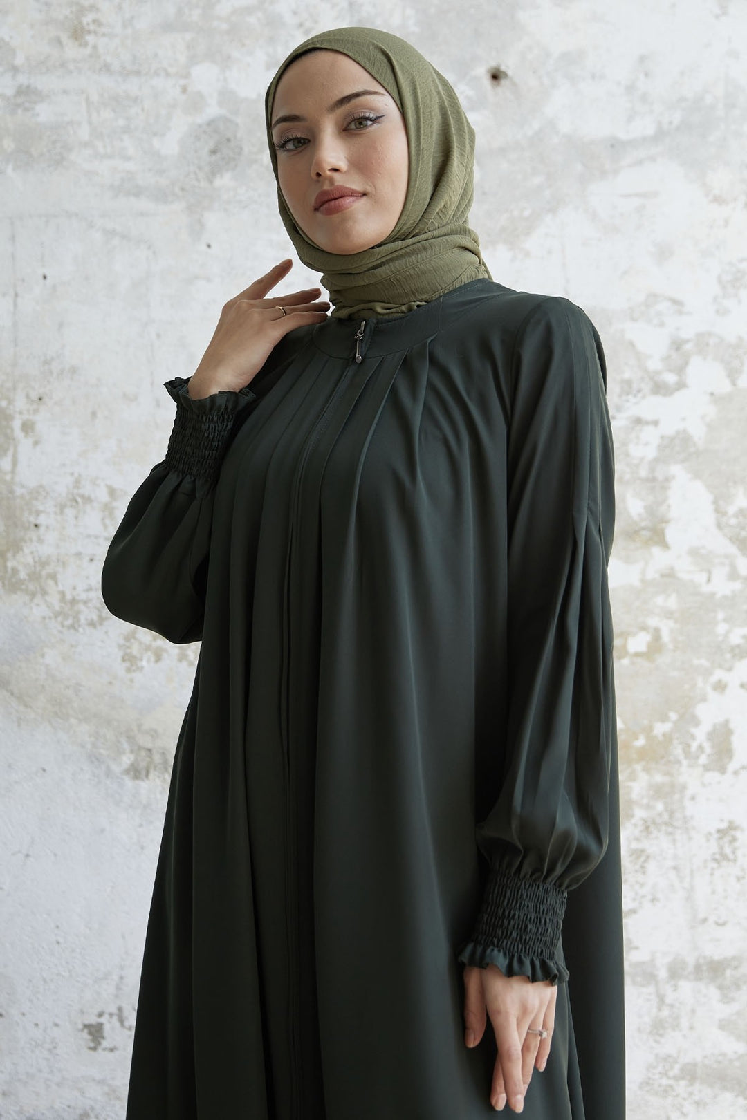 MDS Women Pleated Detail Ruched Abaya - Khaki - Wrecsam