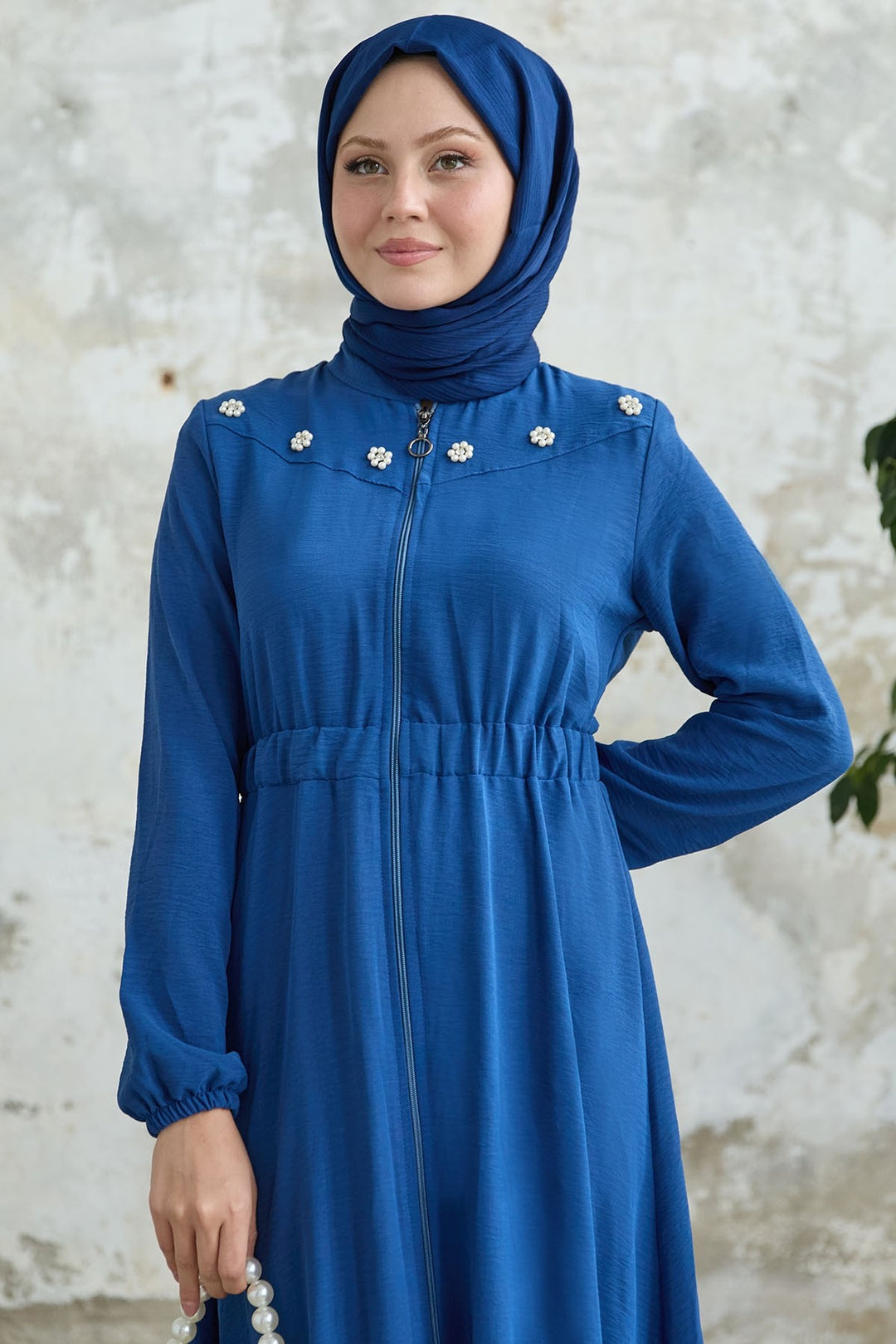 MDS Women Flower Pearl Embellished Elastic Waist Blue Abaya - Bitterfeld