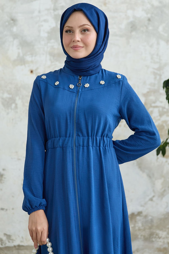 MDS Women Flower Pearl Embellished Elastic Waist Blue Abaya - Bitterfeld