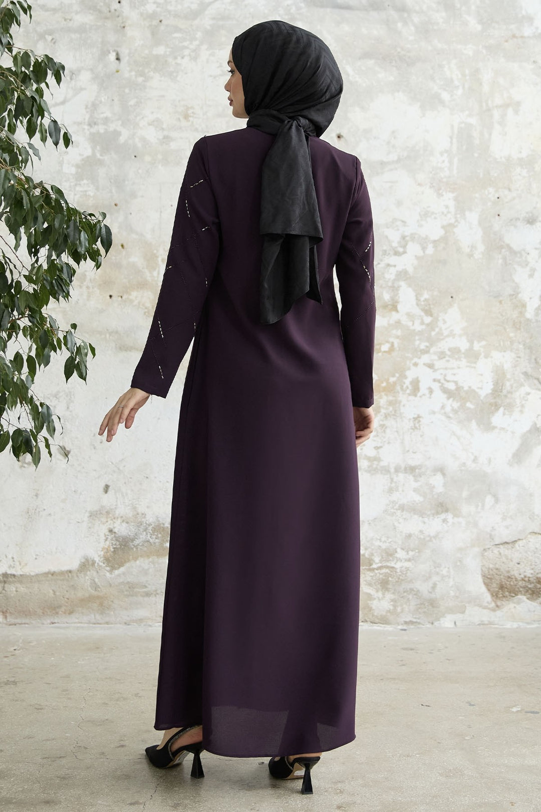 MDS Women Sequined Stone Embroidered Abaya - Purple - Marseille