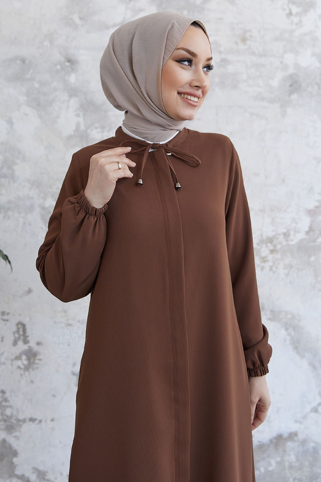 MDS Women Laced Hidden Button Abaya - Tan - Bucharest