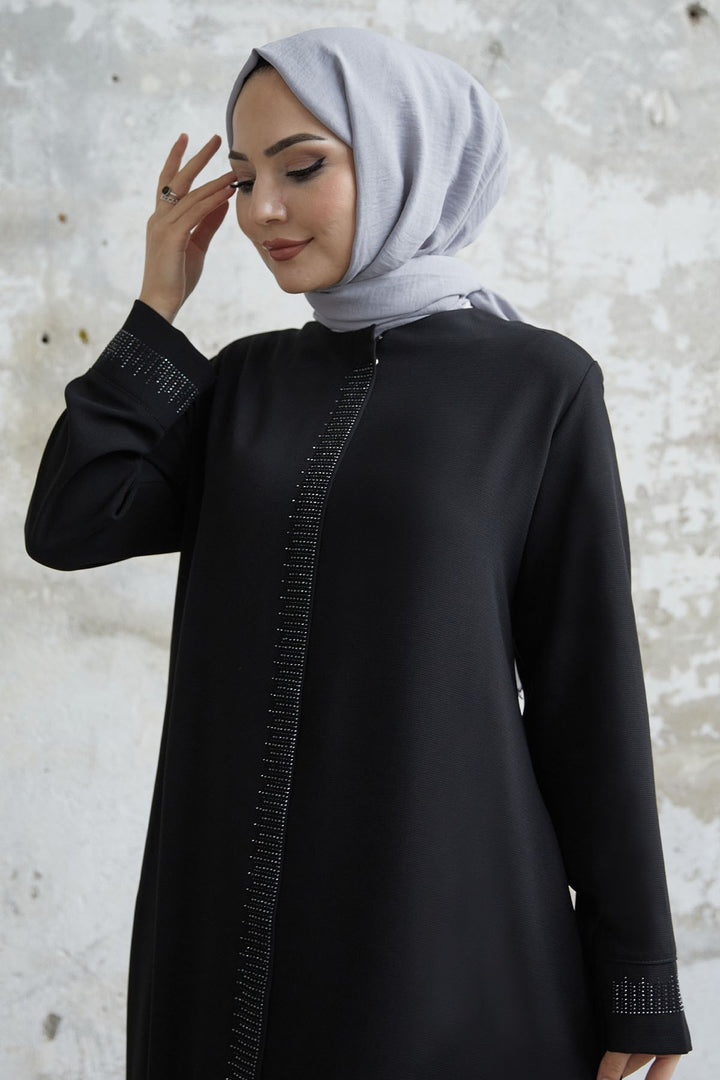 MDS Women Stone Robe Detailed Abaya - Black - Saint-Malo