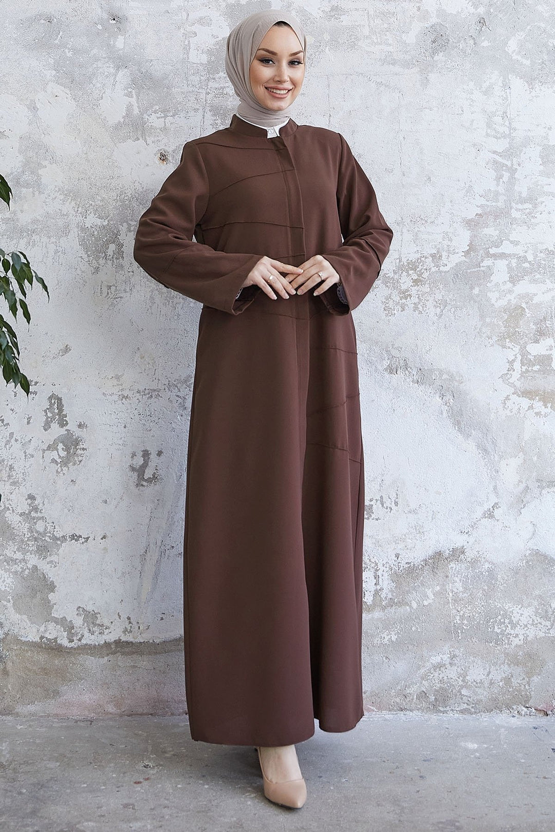 MDS Women Ivory Biye Pattern Abaya - Brown - Lebanon