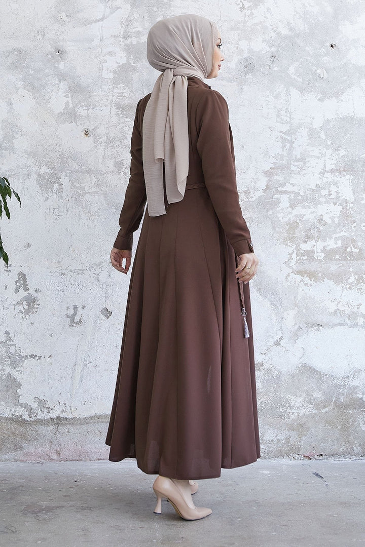 MDS Women Buttoned Belted Abaya with Pleated Collar - Brown - Teziutlan