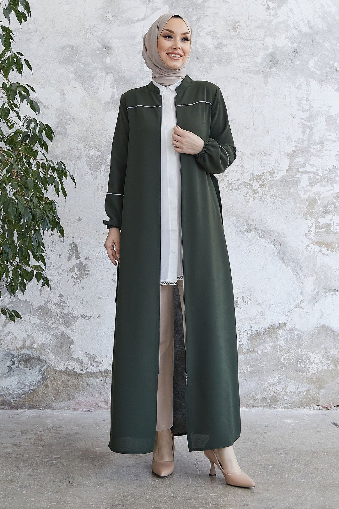 MDS Women Milena Belt Detail Belted Abaya - Khaki - West Babylon