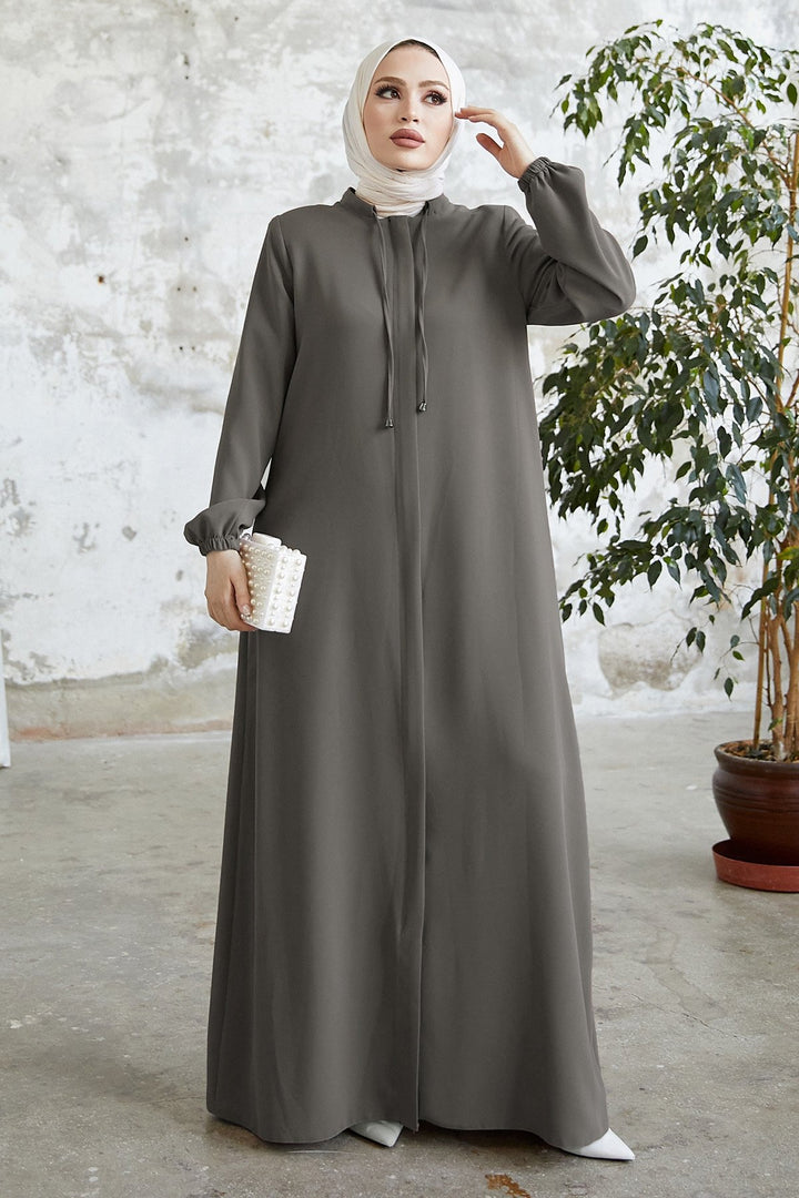 MDS Women Laced Hidden Snap Abaya - Gray - Caerphilly
