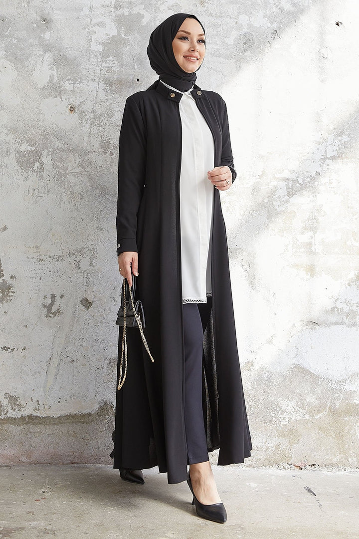 MDS Women Satin Collar Buttoned Belted Abaya - Black - Skelmersdale