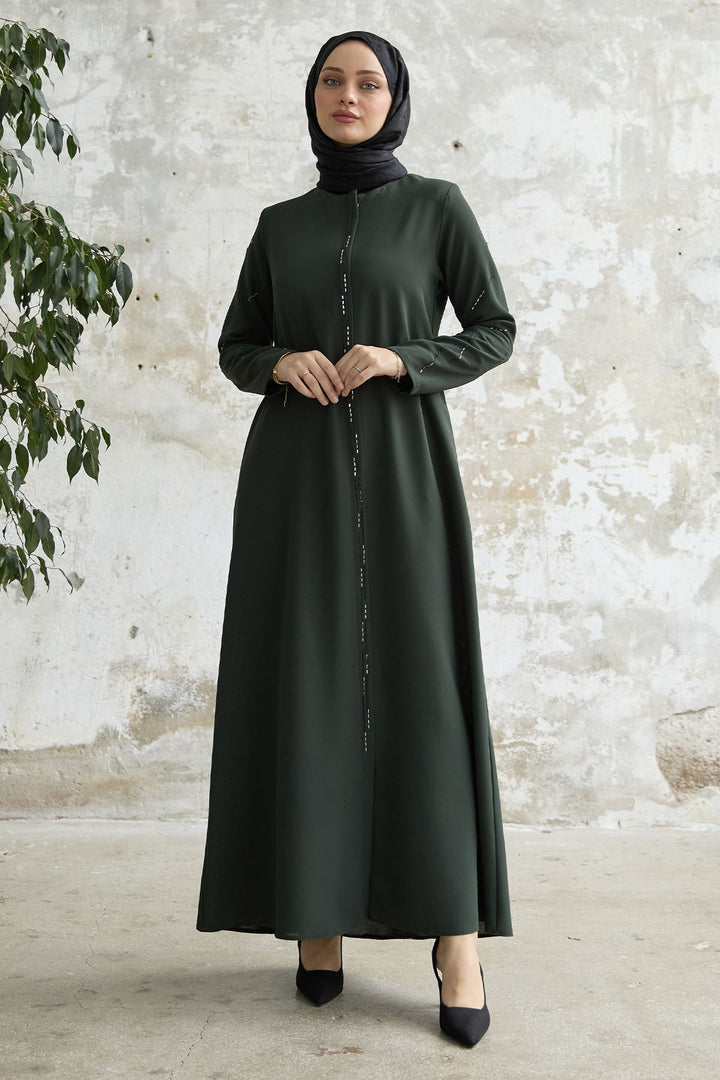 MDS Women Sequined Stone Embroidered Abaya - Khaki - Compiègne