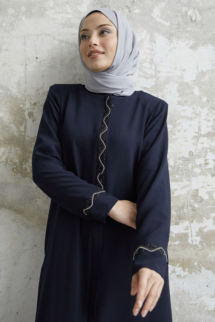 MDS Women Spiral Stone Detailed Honeycomb Abaya - Navy Blue - Springfield