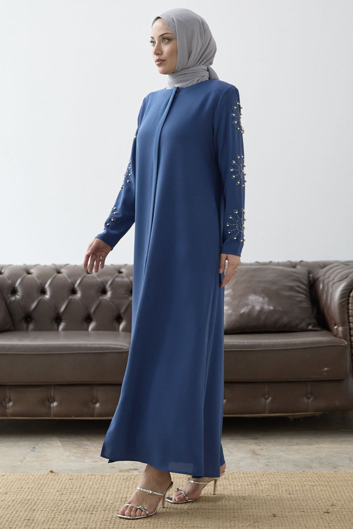 MDS Women Sleeves Pearl Stone Detail Abaya - Indigo - Portici