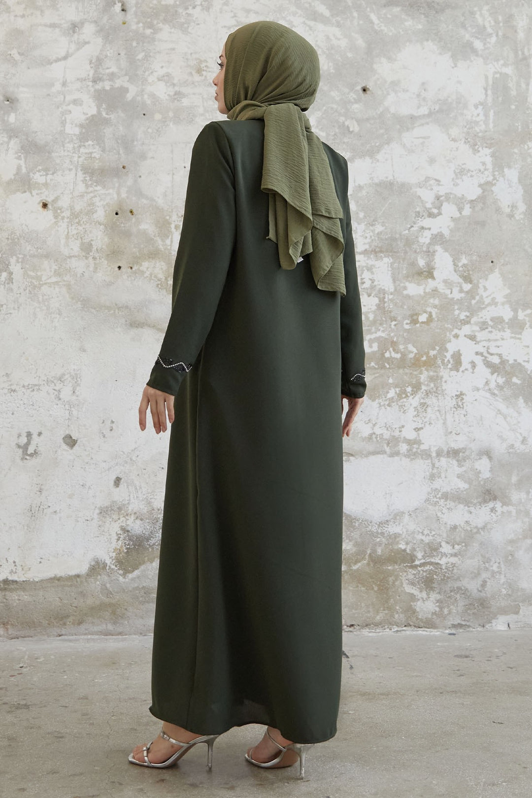 MDS Women Spiral Stone Detailed Honeycomb Abaya - Khaki - Huntsville