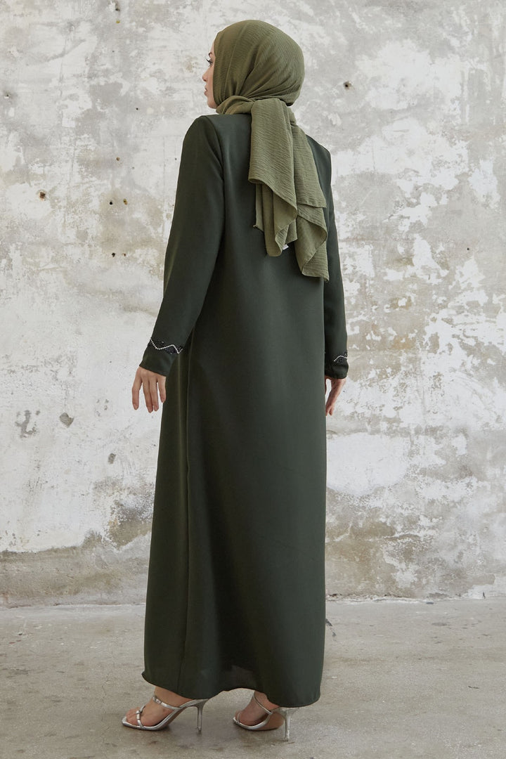 MDS Women Spiral Stone Detailed Honeycomb Abaya - Khaki - Huntsville