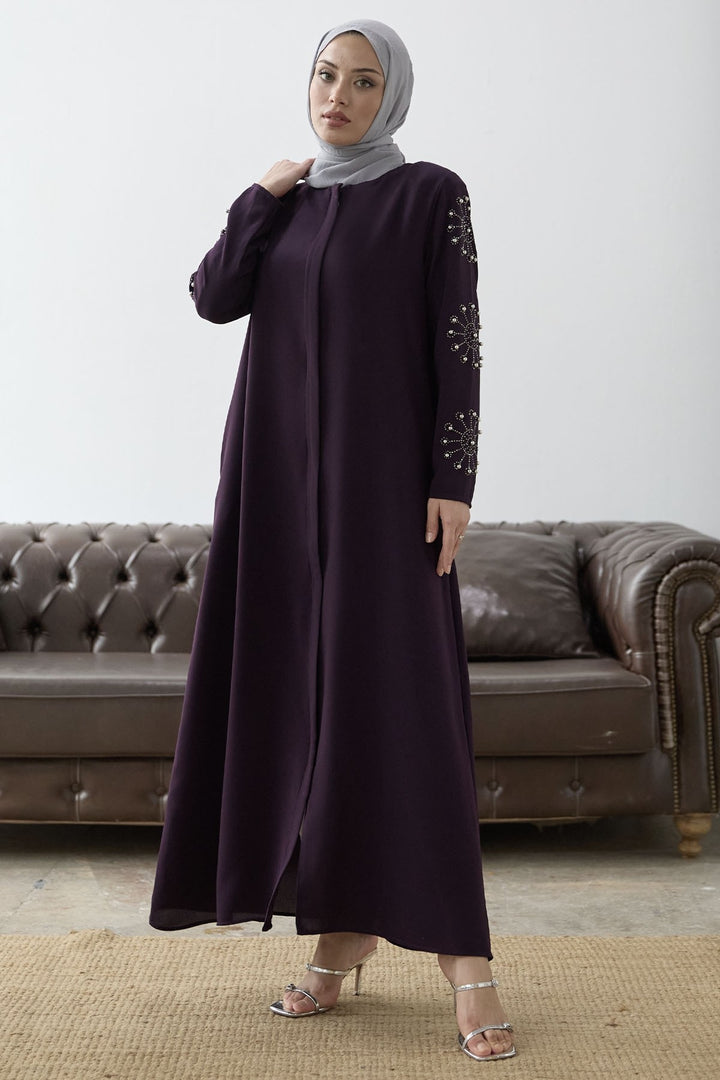 MDS Women Sleeves Pearl Stone Detail Abaya - Purple - Elgin