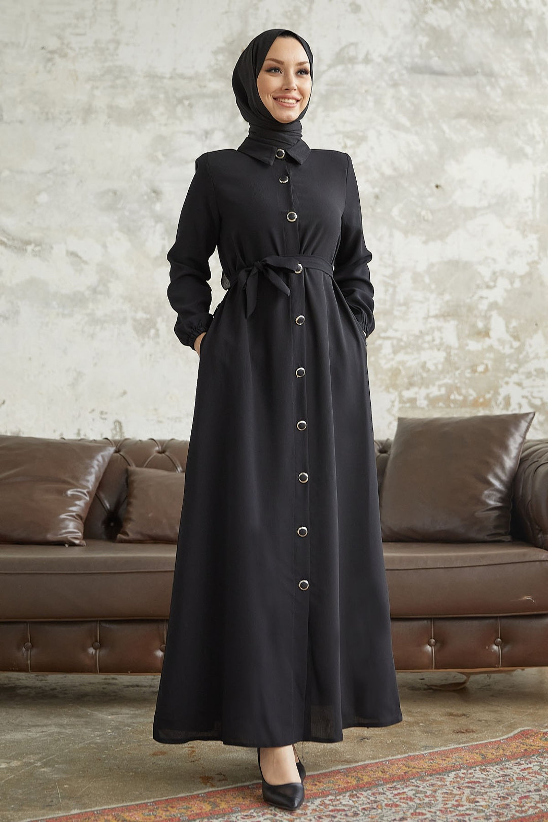 MDS Women Linny Buttoned Shirt Collar Abaya - Black - Pawtucket