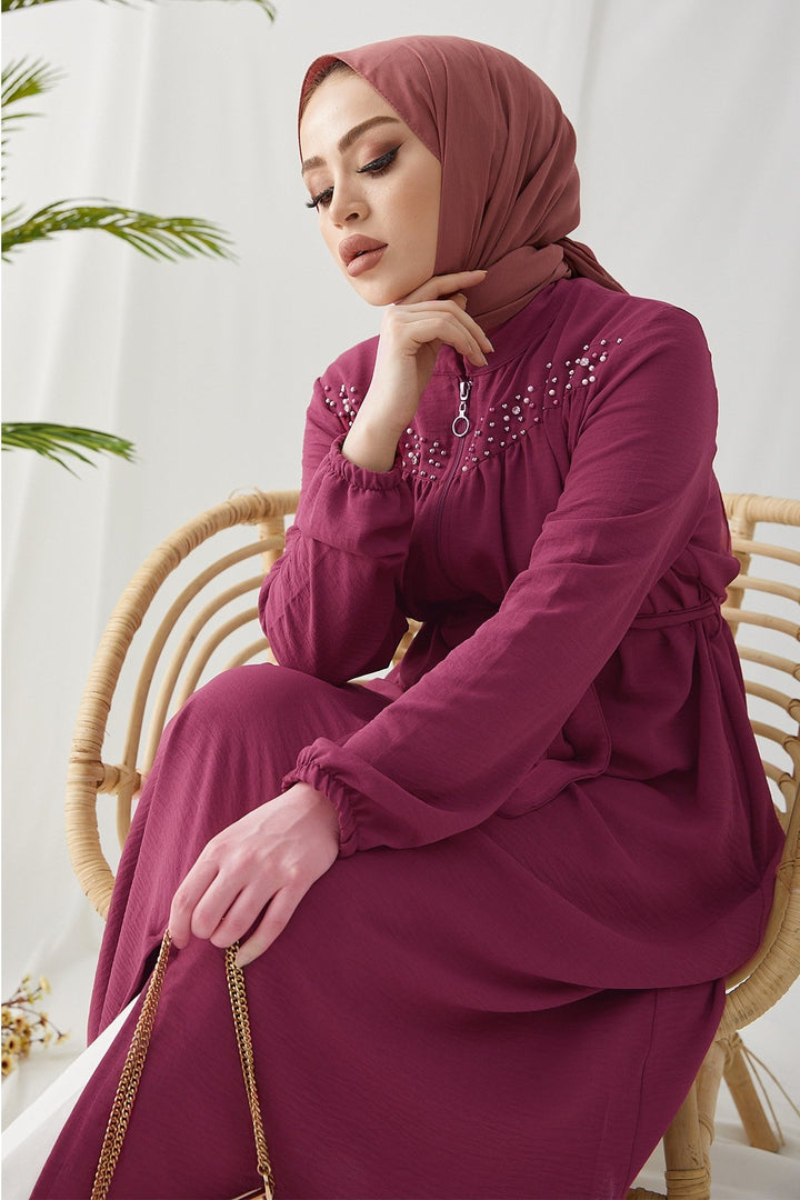 MDS Women Mosa Pearl Detailed Zippered Abaya - Rose Pink - Webster