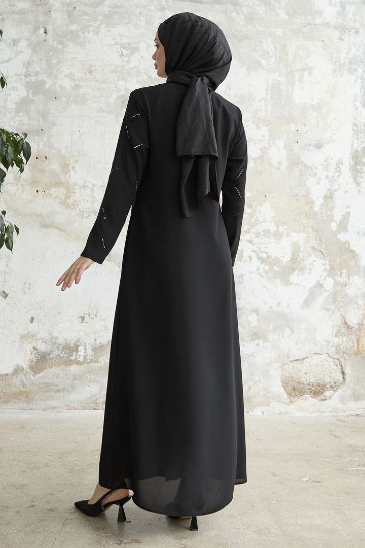 MDS Women Sequined Stone Embroidered Abaya - Black - San Pedro