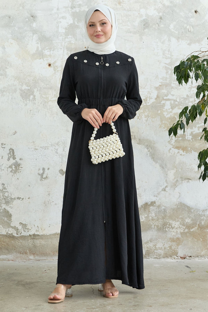 MDS Women Flower Pearl Embroidered Elastic Black Abaya - Wenatchee